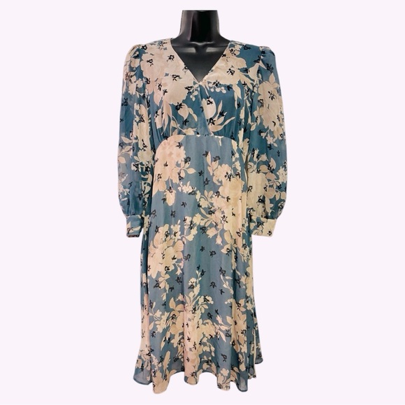 Zara Floral Print Dress NWOT Size Small Navy Blue & Beige Color - Picture 2 of 11